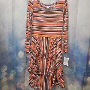 LuLaRoe Coral Multi-Striped Long Sleeve Tiered Midi Dress Medium NWT